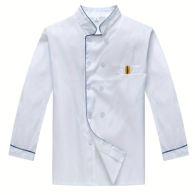 LEEYNEER Men‘s Chef Coat Formal Long Sleeve Double Breasted Stand Collar Striped Coat For Kitchen Baking Chef Works In Restaurant