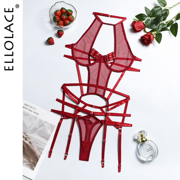 Ellolace Sexy Disfraces exóticos Lencería sensual Vendaje transparente Ropa erótica Porno Goth Mesh Sex Outfit Sissy Top and Briefs Tan Jianjun unisex