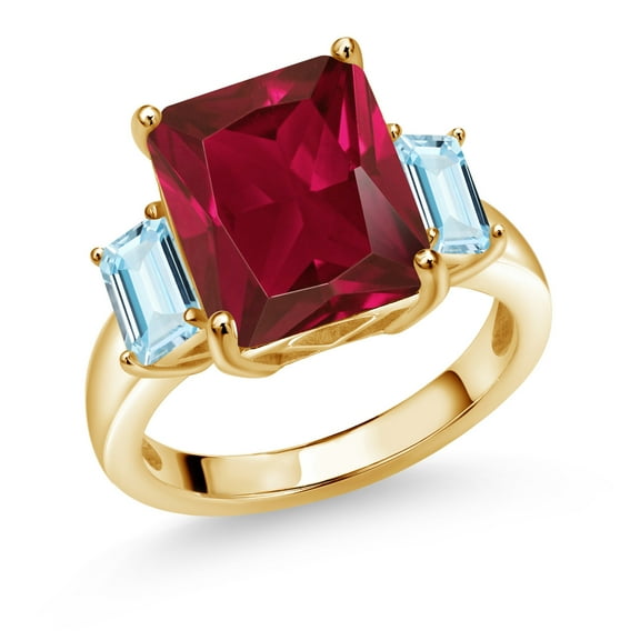 Gem Stone King 6.70 Ct Red Created Ruby Sky Blue Aquamarine 18K Yellow Gold Plated Silver 3-Stone Ring (Size 9)