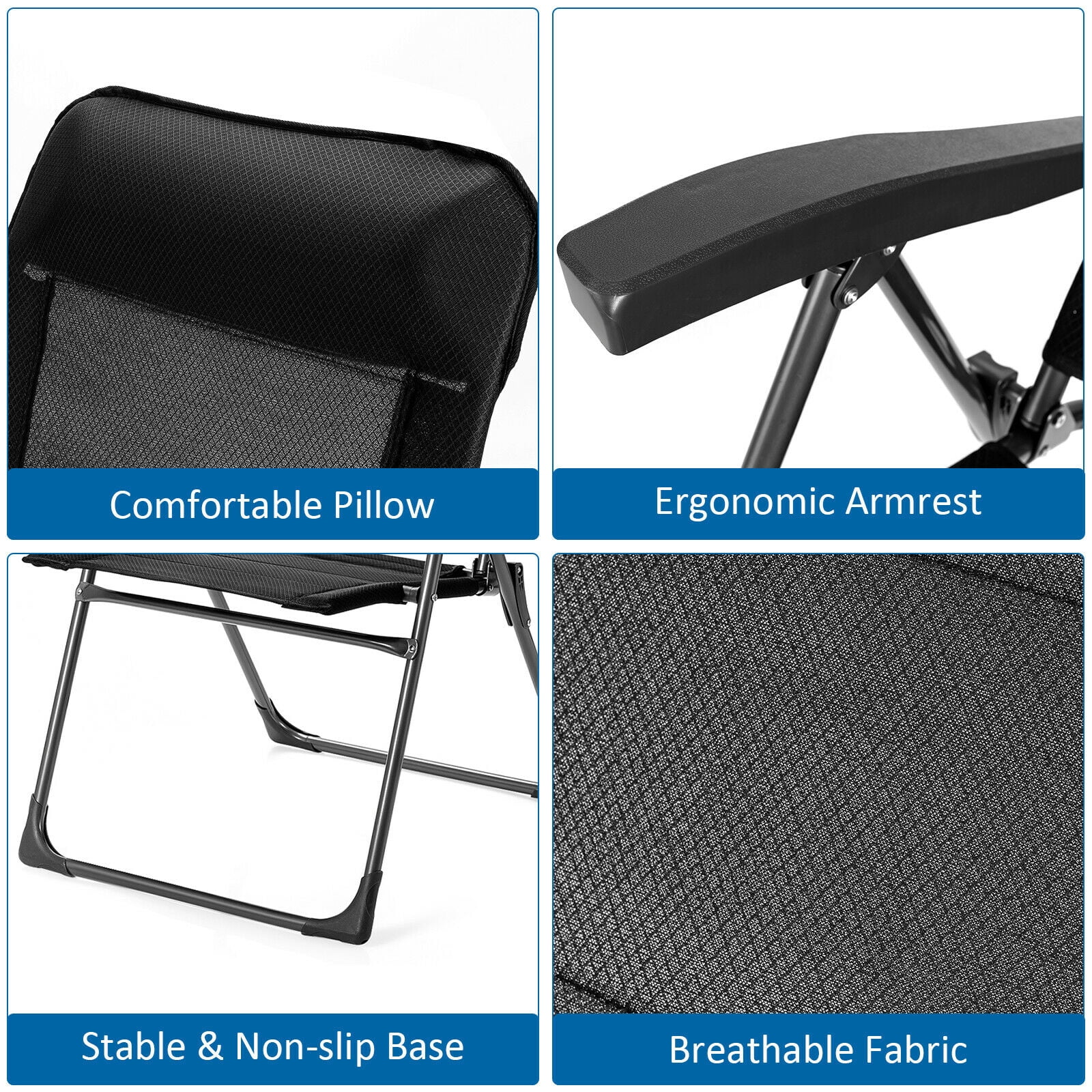 Patiojoy 4PCS Outdoor Patio Folding Dining Chairs with Reclining Backrest and Headrest Black