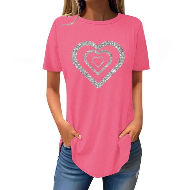 FAIWAD Tuniques à Manches Courtes pour Femmes, Col Rond, Blouses Amples, T-shirts Graphiques avec Cœur Mignon