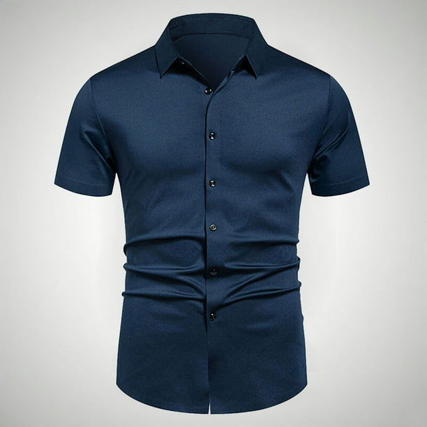 pstuiky camisetas de hombre, Camisa informal de negocios de color liso con solapa y botones de manga corta para hombre camisas casuales para hombre xxl