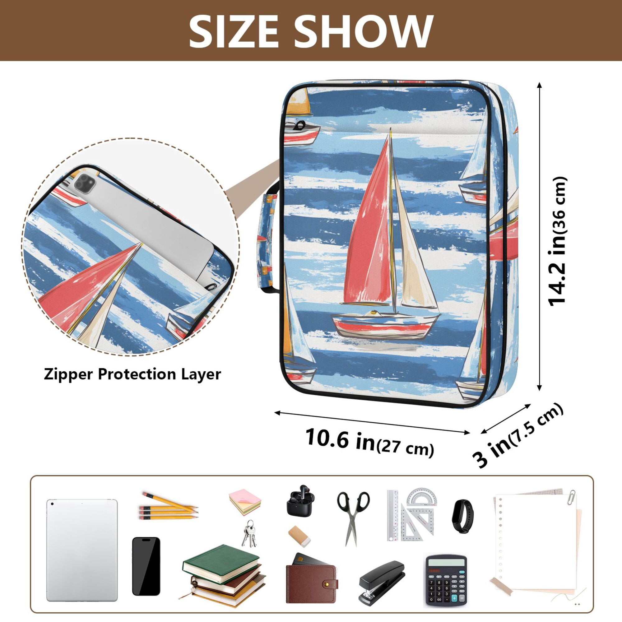 FORMRS Accordion File Folder A4 Size 7-Pocket Expanding Document Organizer Bag with 3 Ring Binder, Red Sailboats