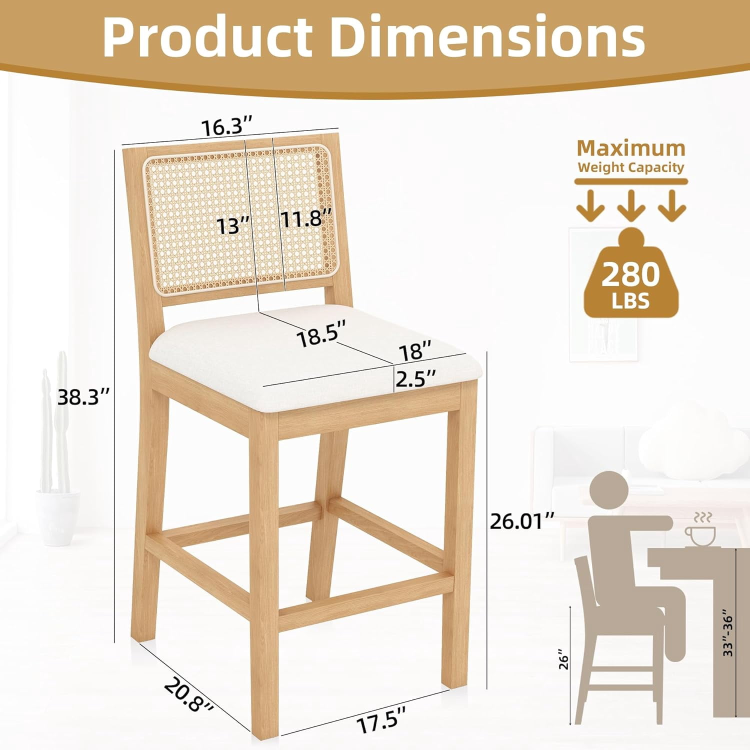 Westice Rattan Bar Stools Set of 6, 26" Farmhouse Counter Height Stools with Natural Rattan Back and Wood Frame, Upholstered Line Fabric Seat Cushion, Wooden Stools for Kitchen Island/Pub, Natural