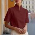 thumbnail image 5 of Women's Solid V-Neck Work Blouse Short Sleeve Stand Collar Business Casual Office Shirt, 5 of 7