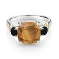 thumbnail image 2 of Gem Stone King 925 Silver and 10K Yellow Gold Brown Tiger Eye and Black Onyx 3 Stone Ring for Women (3.94 Cttw, Gemstone Birthstone, Cushion 10MM, Round 4MM, Size 5), 2 of 3