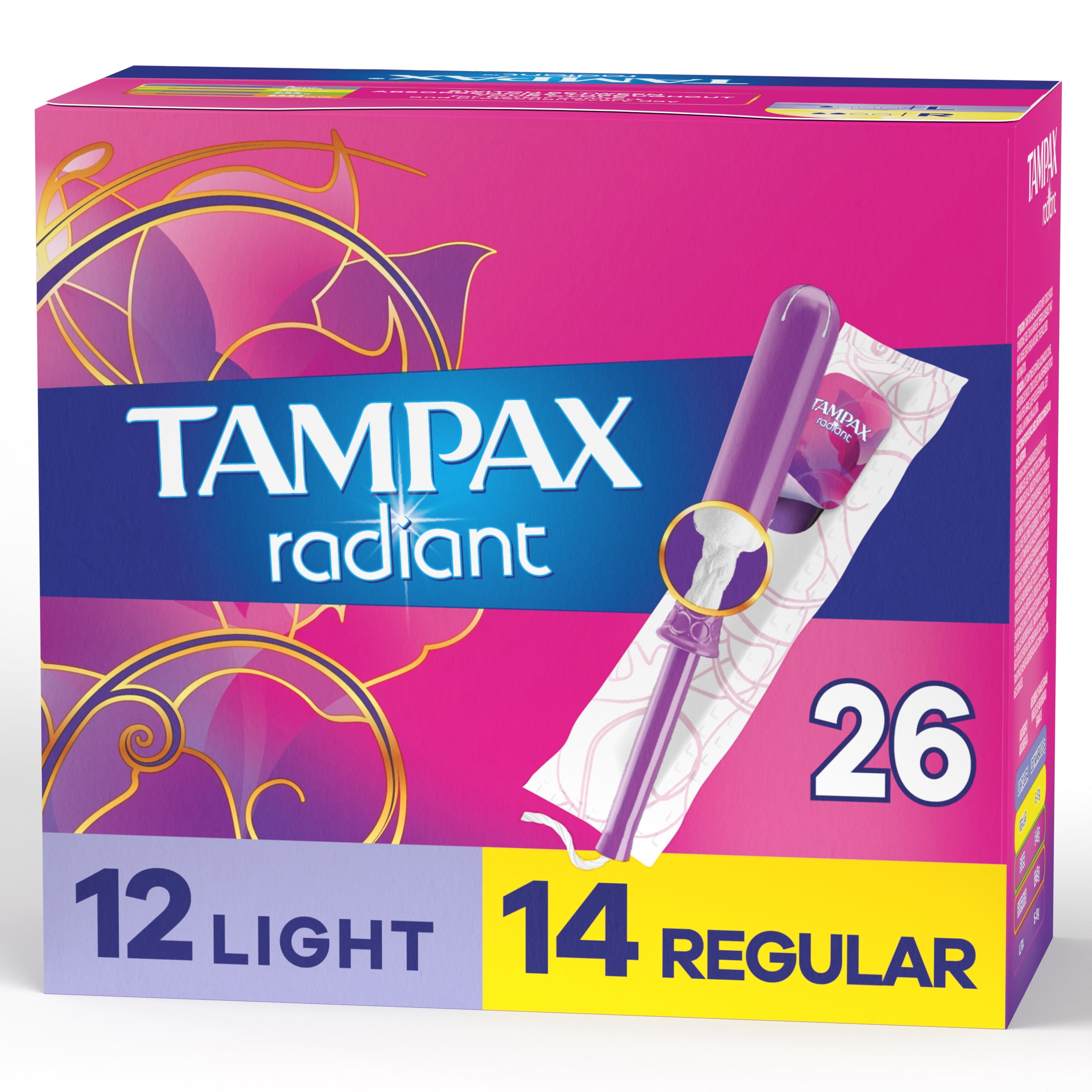 Tampax Radiant Tampons Duo Pack with LeakGuard Braid, Light/Regular Absorbency, Unscented, 26 Count