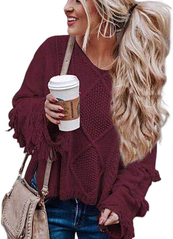 PIKADINGNIS Womens Tassel Cable Knit Sweater Fringe Long Sleeve