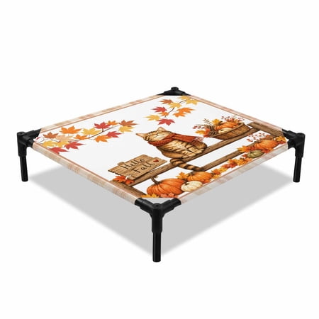 Hello Fall Cat Elevated Dog Bed Rustic Orange Yellow Pumpkin Maple Leaf Berry Plaid Cooling Breathable Outdoor Raised Dog Cot Bed with Metal Frame Non-Slip Feet for Small Dog 20x20in