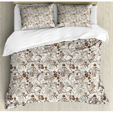 Chocolate Queen Size Duvet Cover Set, Classical Victorian Flowers and Leaves Abstract Arrangement with Vintage Look, Decorative 3 Piece Bedding Set with 2 Pillow Shams, Brown White, by Ambesonne