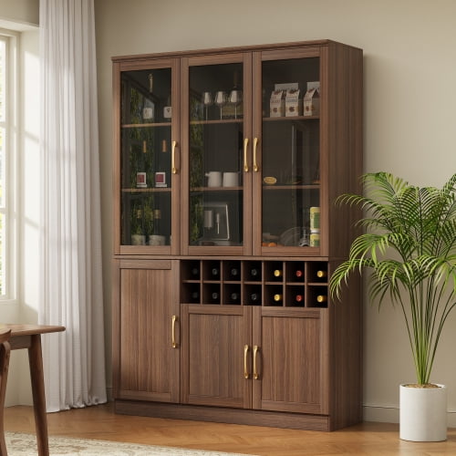 70.87" Tall Wine Bar Cabinet with Glass Doors, Modern Liquor Cabinet with Removable 14-Bottle Wine Rack & Built-in Door Shelves, High-Capacity Home Bar Storage Cabinet, Walnut
