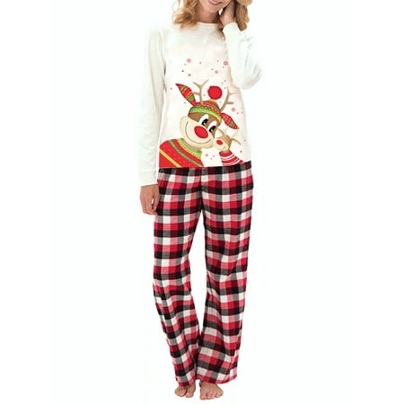 

Amuver Christmas Matching Pajamas Long Sleeve Deer Family Print Tops + Plaid Pants Set