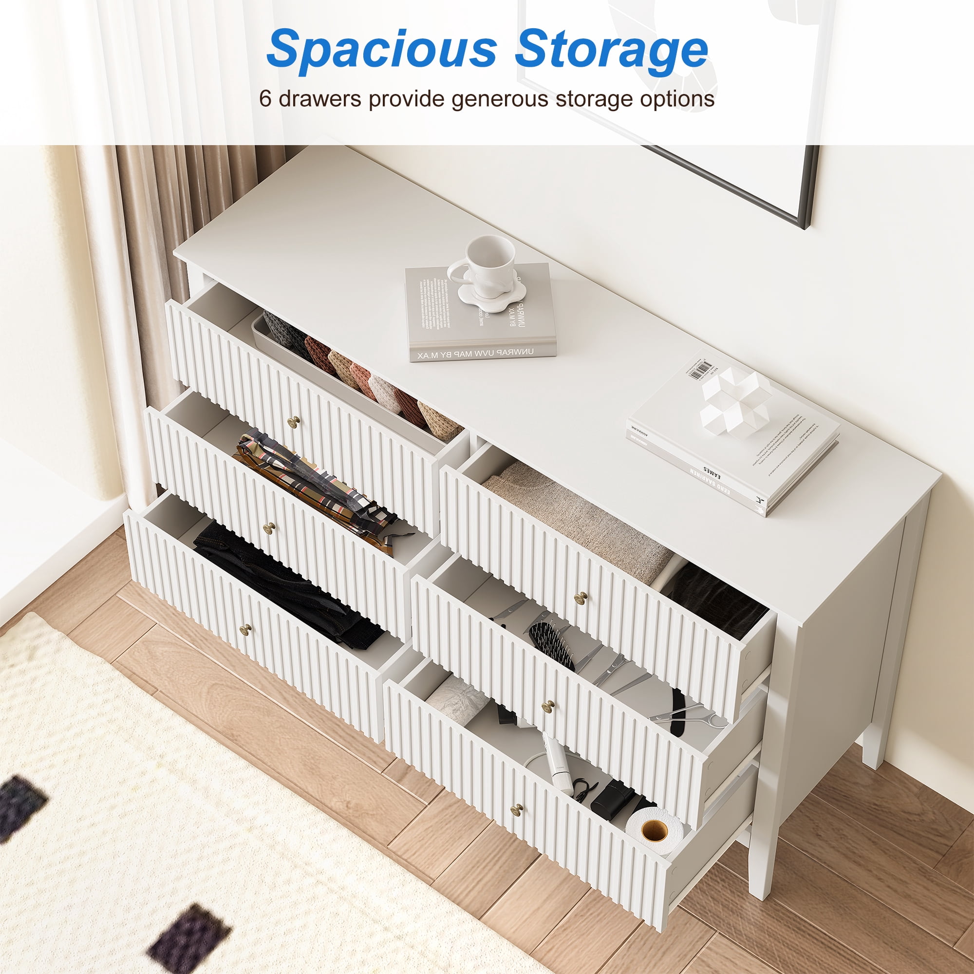 May in Color Fluted 6 Drawer Dresser, Wide Modern Chest of Drawers, Large Wood Storage Cabinet Organizer for Bedroom, Living Room, Hallway, Entryway, White