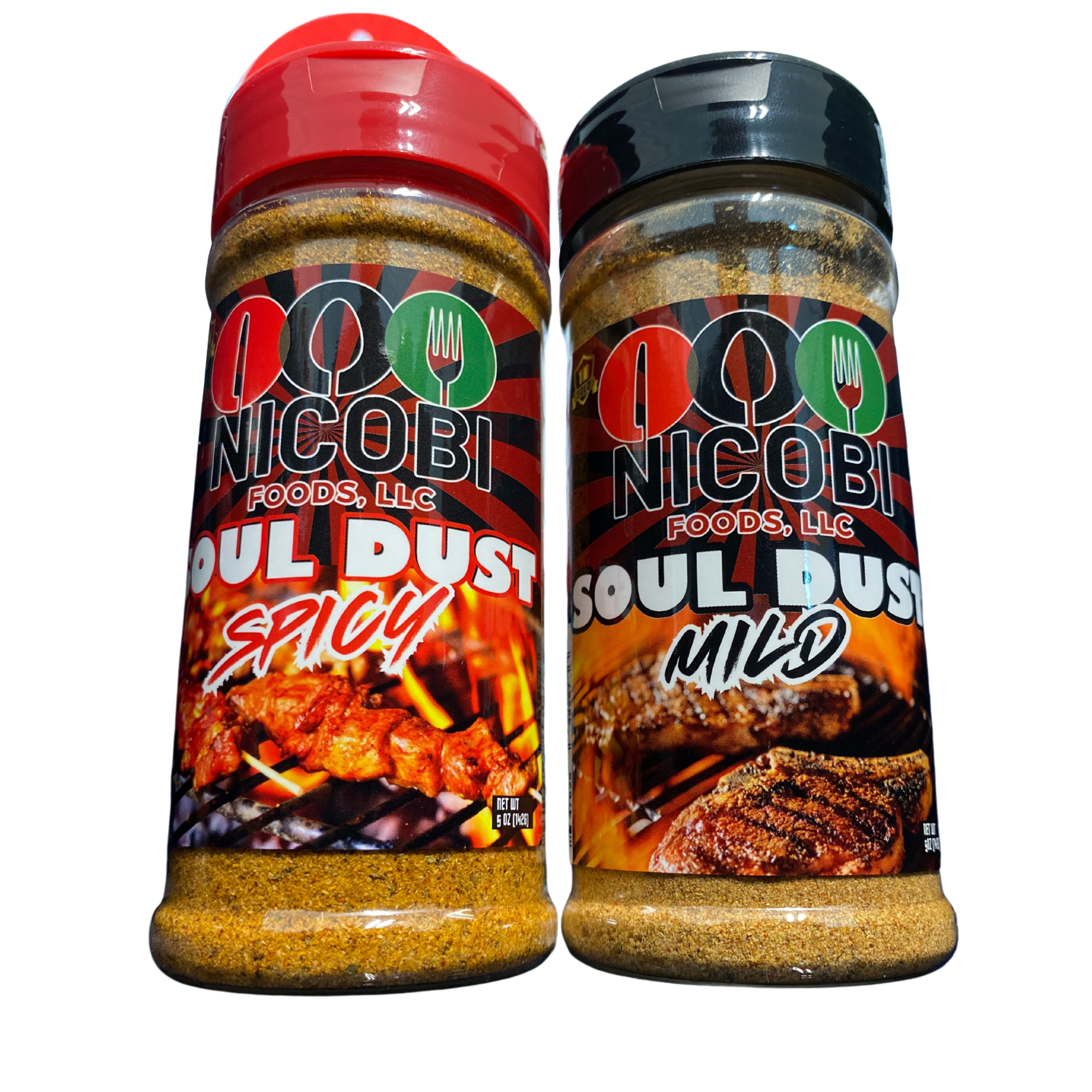 Nicobi Foods Full Spice Pack – Soul Dust Mild, Soul Dust Spicy, Black-N-Bold Cajun, Seafood Blend, Jerk Seasoning, Cinnamon Roll Spice, Complete Flavor Collection (5 oz each)
