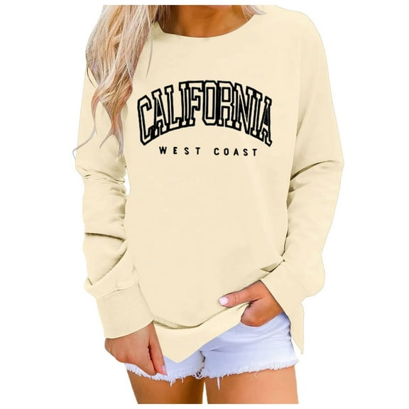 zaveiop Oversized Sweatshirt for Women Crewneck California Long Sleeve Casual Fleece Tops Graphic Hoodies Pullover Sweater (Beige, S)