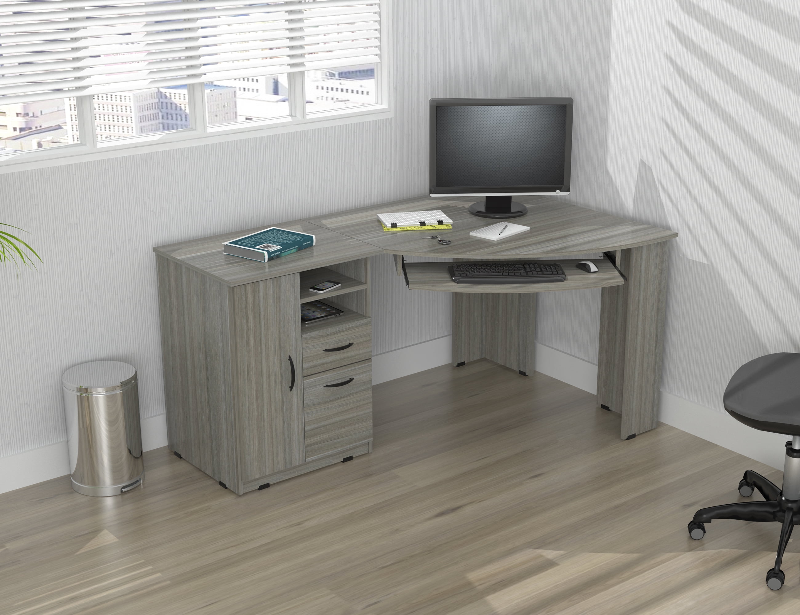 Inval Modern Corner Desk with 2 Drawers and Washed Oak