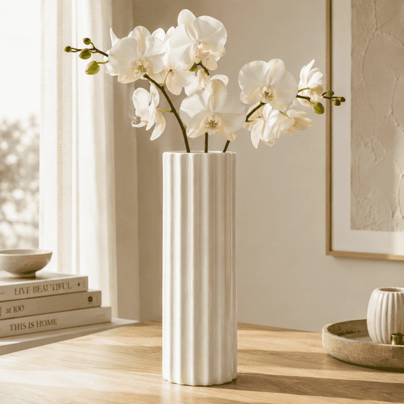 White Ribbed Ceramic Vase 8.8 in for Flowers and Home Decor NOVATRAX