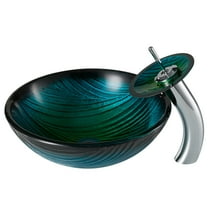 KRAUS Nature Series Green Glass Bathroom Vessel Sink and Waterfall Faucet Combo Set with Matching Disk and Pop-Up Drain, Chrome Finish