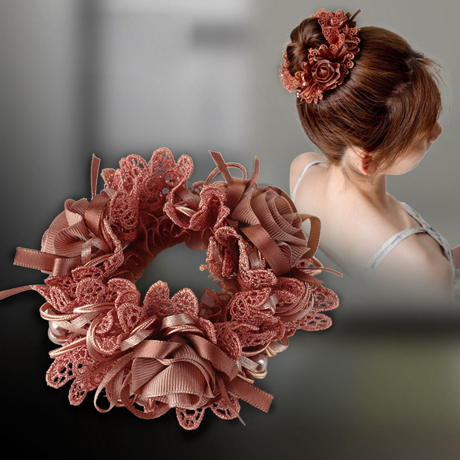 6Pcs Elegant Lace Scrunchies Hair Ties for Women Girls,Flower Scrunchy Hairtieswith Pearl for Thick Curl Hair Accessories