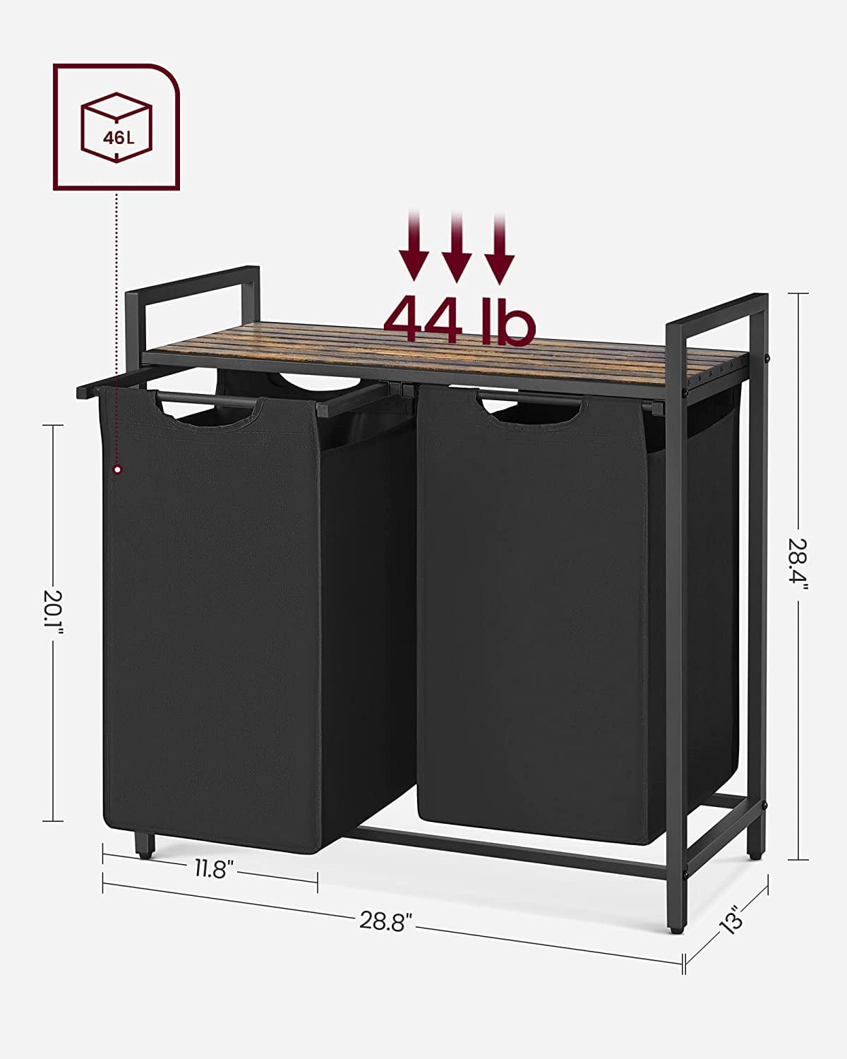 46L Laundry Hamper with Shelf Laundry Basket Laundry Sorter with 2 Pull-Out and Removable Bags Shelf Rustic Brown and Black