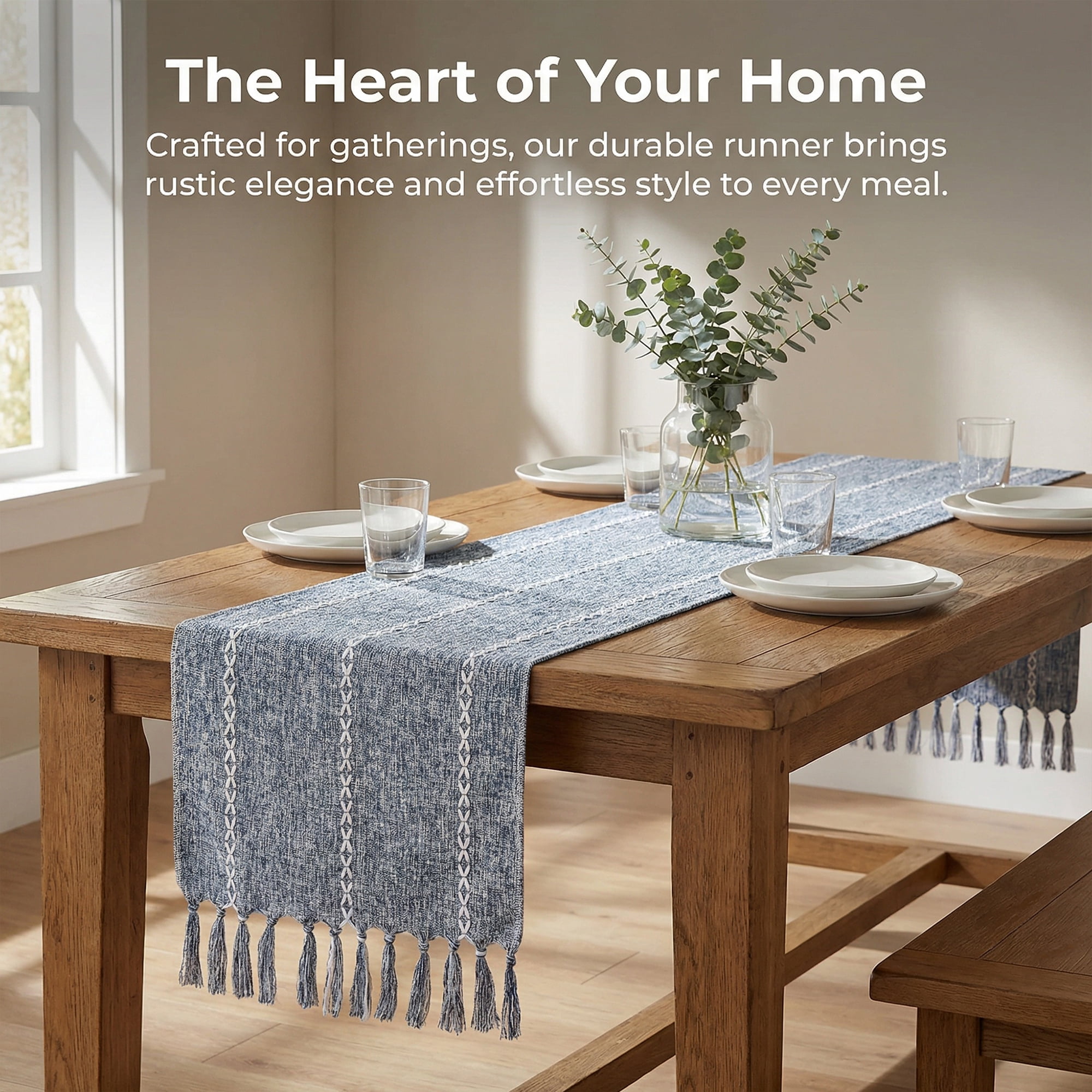 Unique Bargains Washable Polyester Kitchen Runner with Tassel for Dining Blue 13"x72"