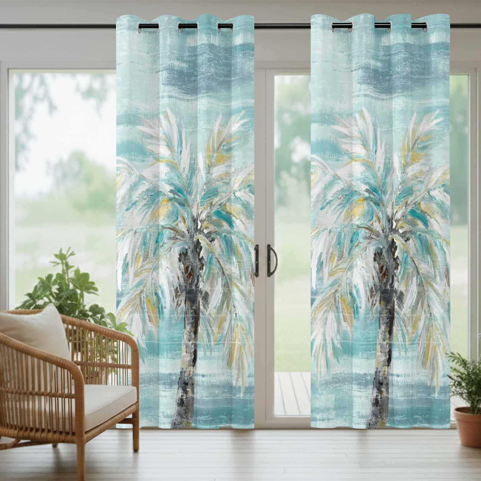Summer Beach Palm Outdoor Curtains for Patio, Country Abstract Coastal Seaside Teal Yellow Brown Palm Sunshade Privacy Drapes Grommet Waterproof Outside Curtains for Porch Balcony 54"x108", 1 Panel