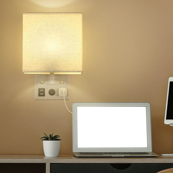 Modern Wall Sconce 2-Piece Set Indoor Plug-In Wall Sconce with Usb Port Plug-In Wall Sconce for Bedroom Living Room Led Wall Sconce Reading Light Beige Fabric Shade Silver (2 Bulbs Included)