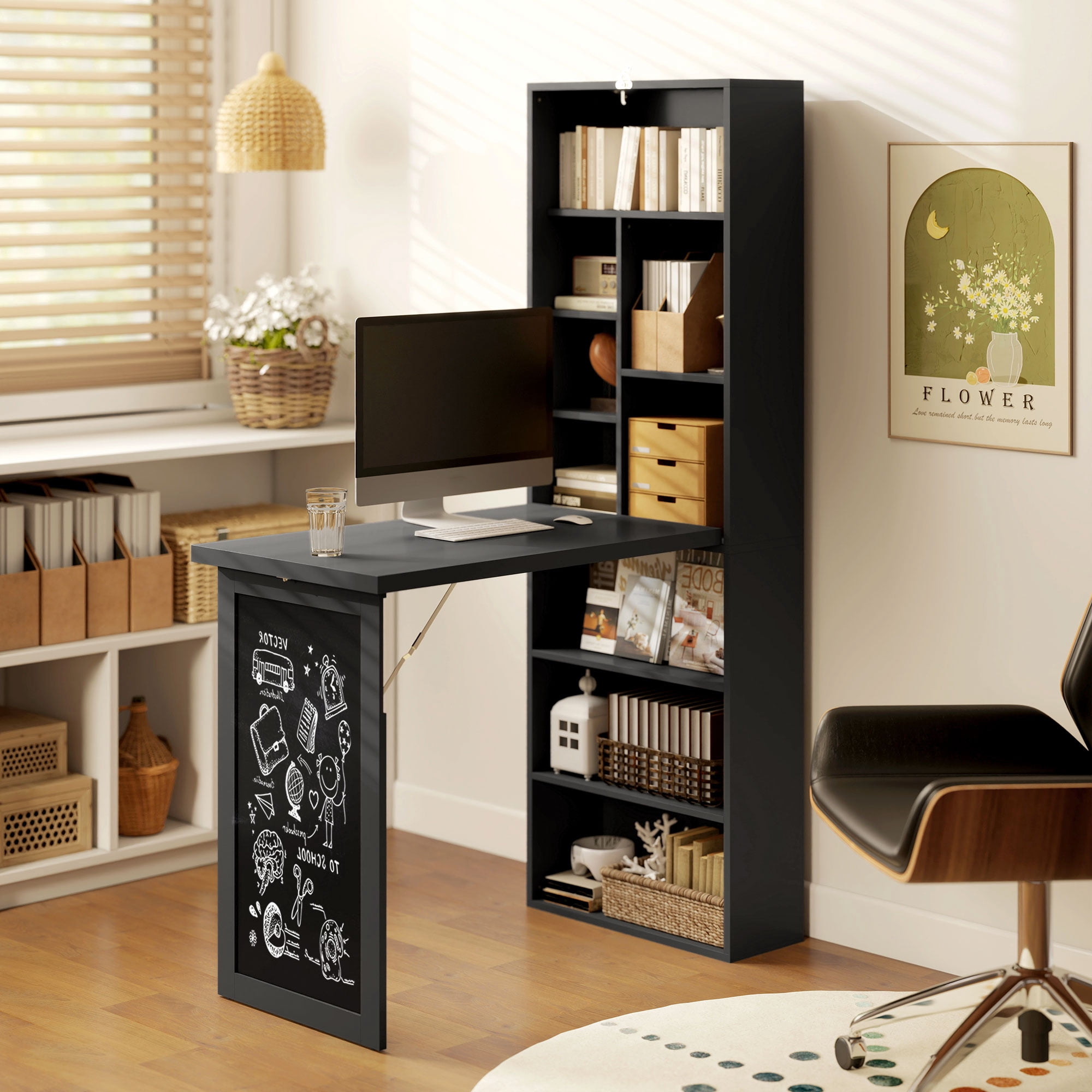 HOMCOM Fold-out Convertible Writing Table, Wall Mount Desk Cabinet with Blackboard and Side Shelf Multi-Function Home Office Workstation, Black