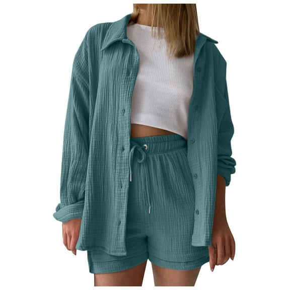 Women Short Set Two Piece Outfits Sets Button Down Shirt Short Summer Clothes Outfit for Women