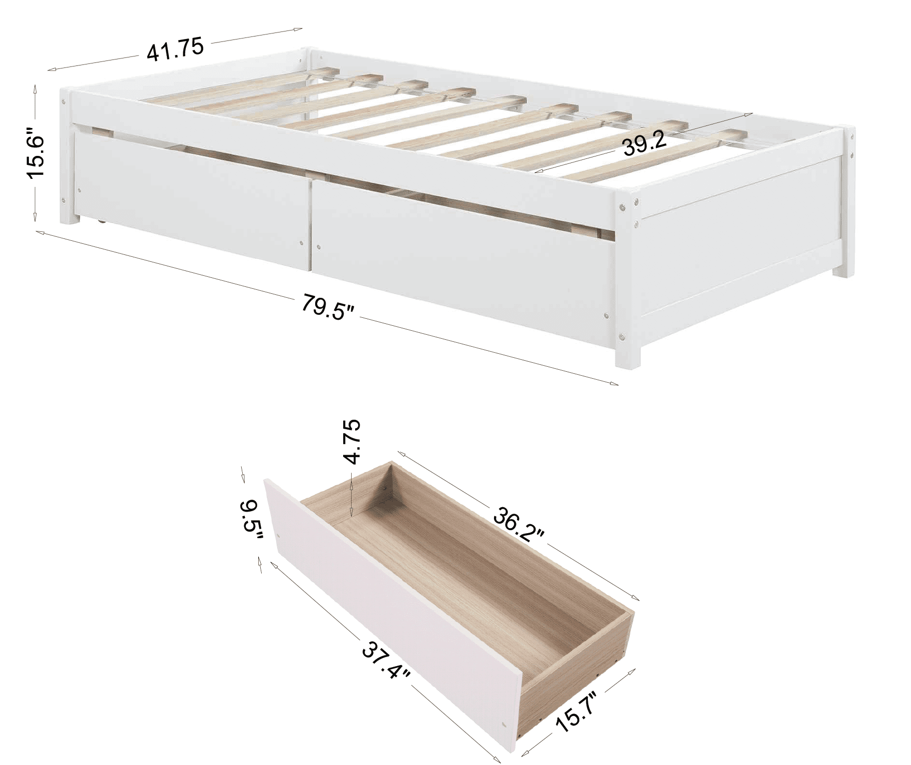 Twin Bed with 2 Storage Drawers, Twin Storage Bed Frame, White
