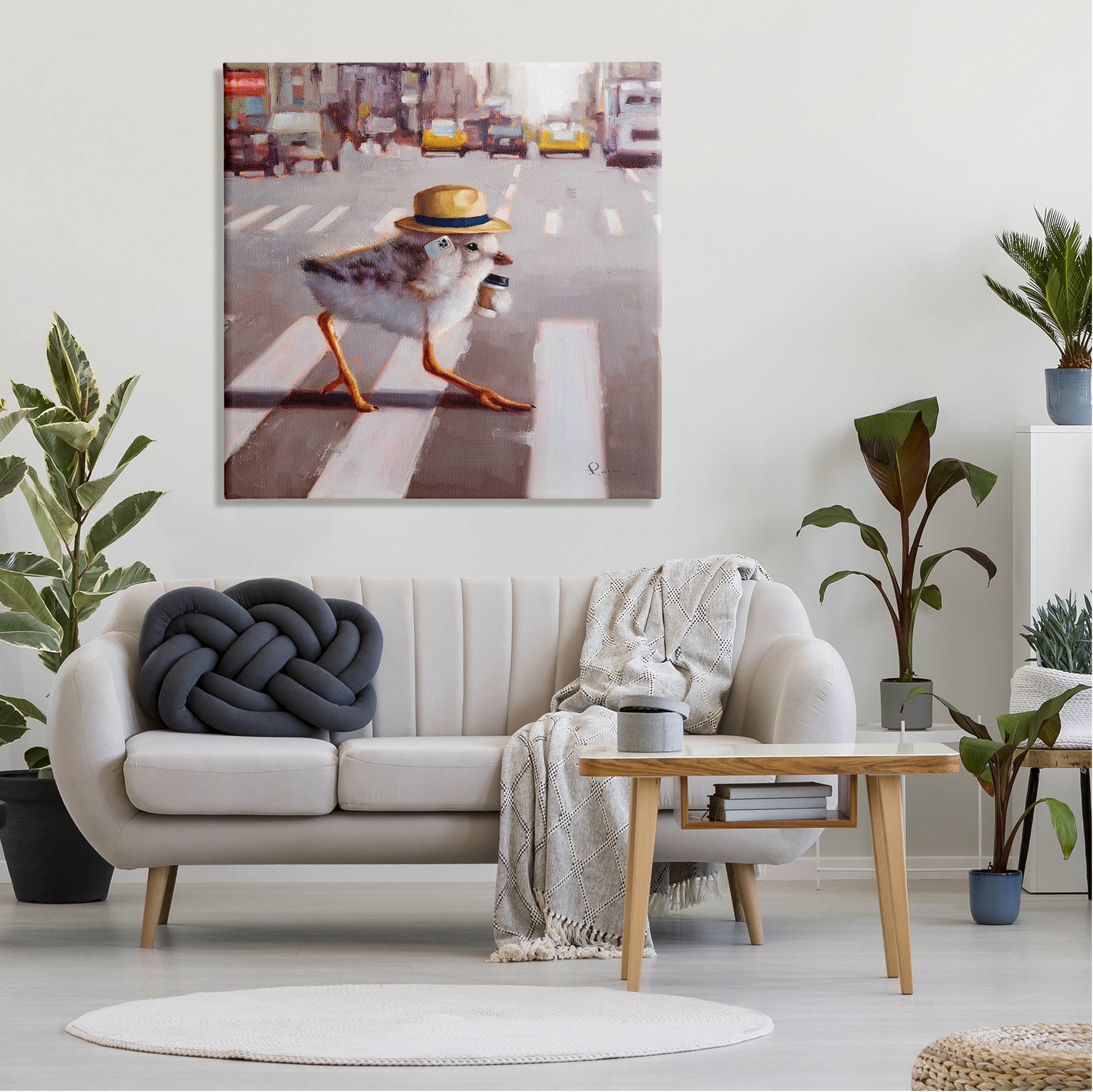 Bird Crosswalk Urban City Street Animals & Insects Painting Gallery Wrapped Canvas Print Wall Art