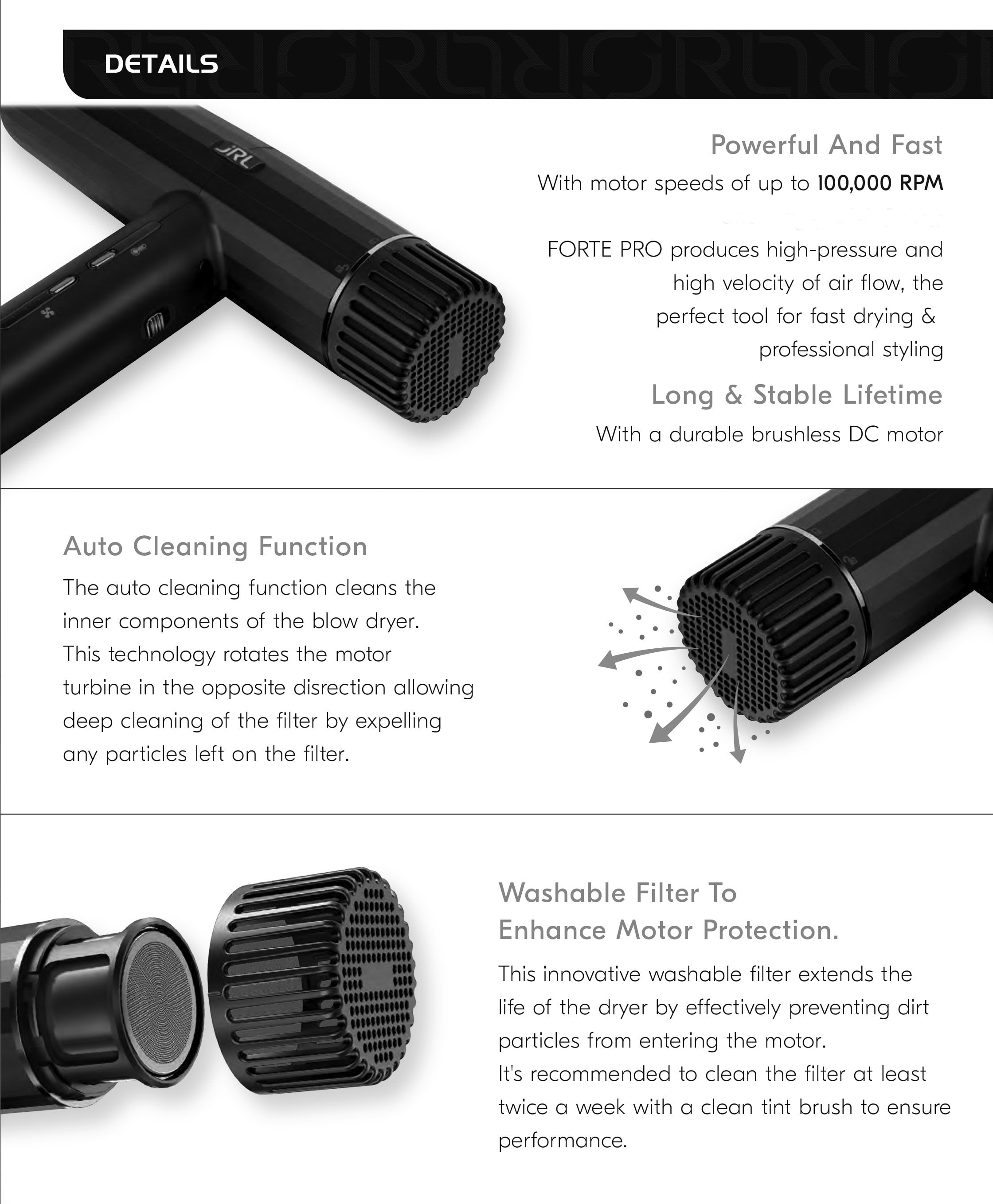 JRL USA Forte Pro Dryer - Ionic, 3 Settings for Speed and Temp, Ceramic (Black)
