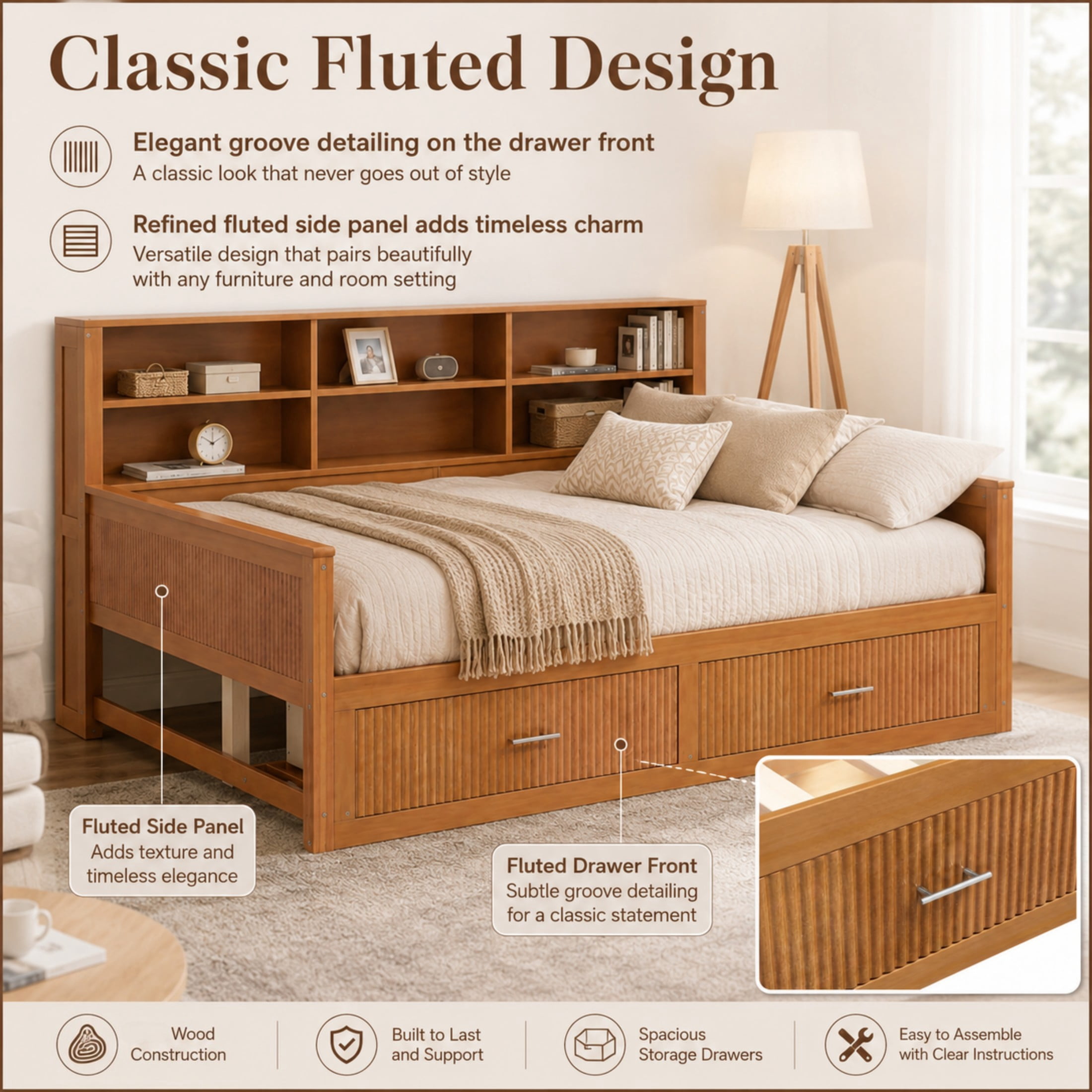 GDF Studio Josha Twin-Size Wooden Daybed with Bookcase Headboard, Storage Drawers & Built-In Charging Station, Walnut