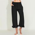 thumbnail image 2 of FUNUONY Womens Cropped Yoga Sweatpants Wide Leg High Waisted Lounge Pajamas Pants Comfy Workout Loose Pants with Pockets Linen Solid Color Casual Elastic Waistband Ruffled Seven Quarter Pants Black L, 2 of 5