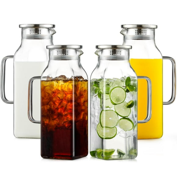 Netany 4 Pack 2 Liters/68 oz Square Glass Pitcher with Lid and Handle for Fridge, Iced Tea and Coffee Carafe Beverage Serveware, Heat Resistant Borosilica