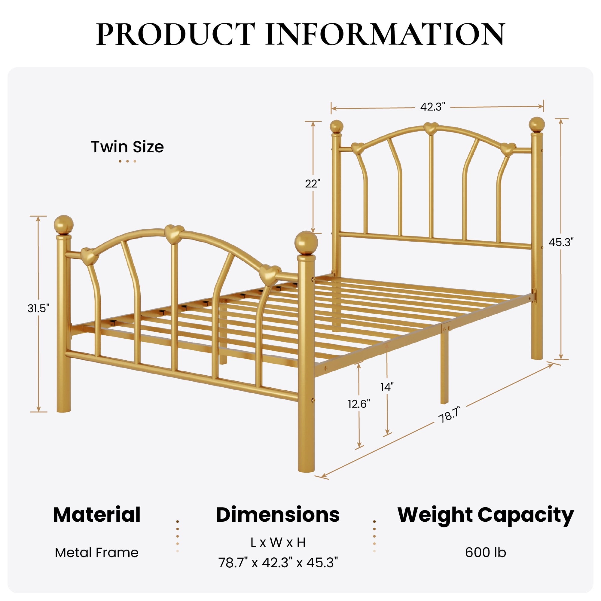 SHA CERLIN 14 Inch Twin Size Metal Platform Bed Frame with Heart Shaped Iron-Art Headboard/Footboard, Under Bed Storage, Noise Free Mattress Foundation, Easy Assembly, Gold