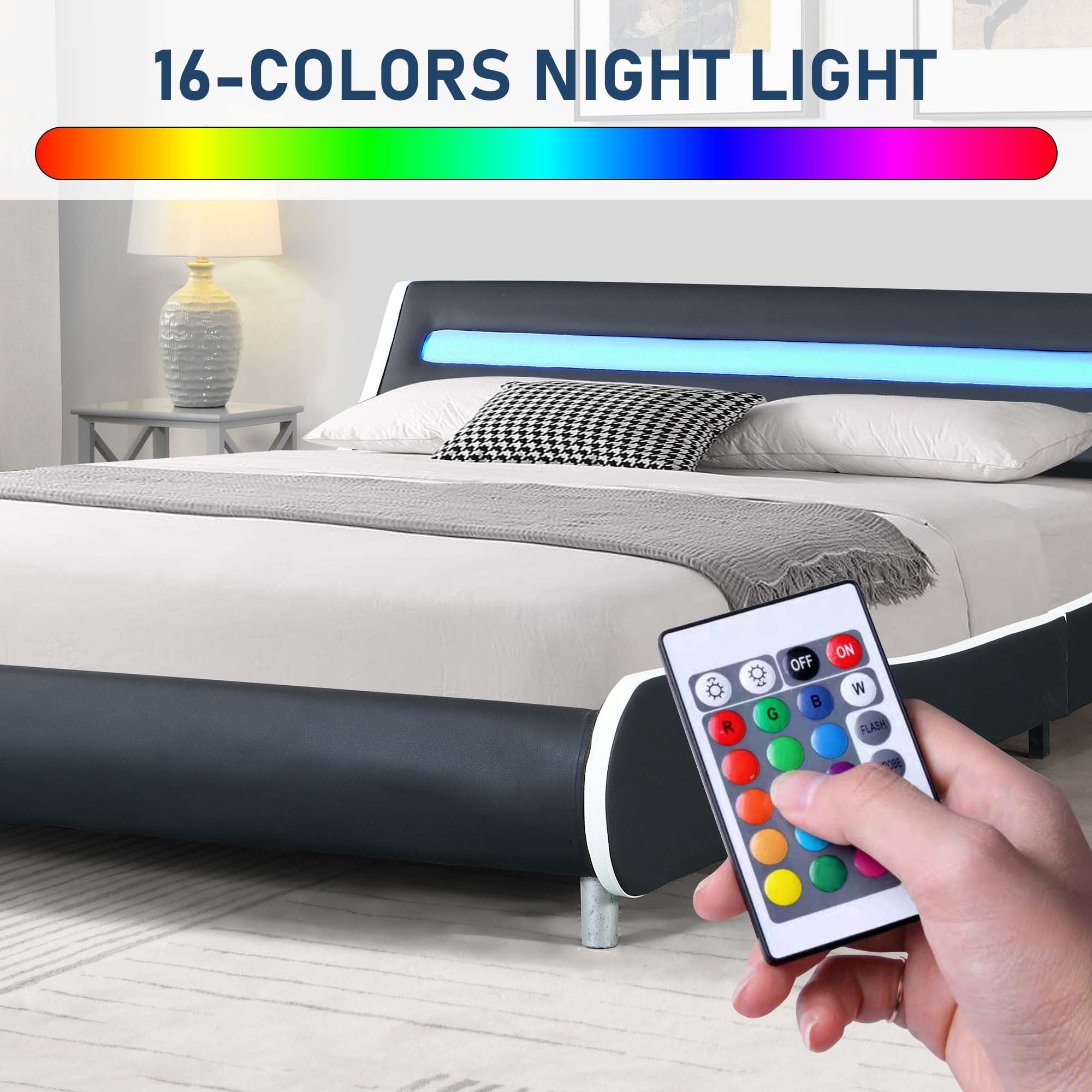 Aukfa Upholstered LED Bed Frame, Faux Leather Queen Platform Bed with 16 LED Light Headboard - Black/White