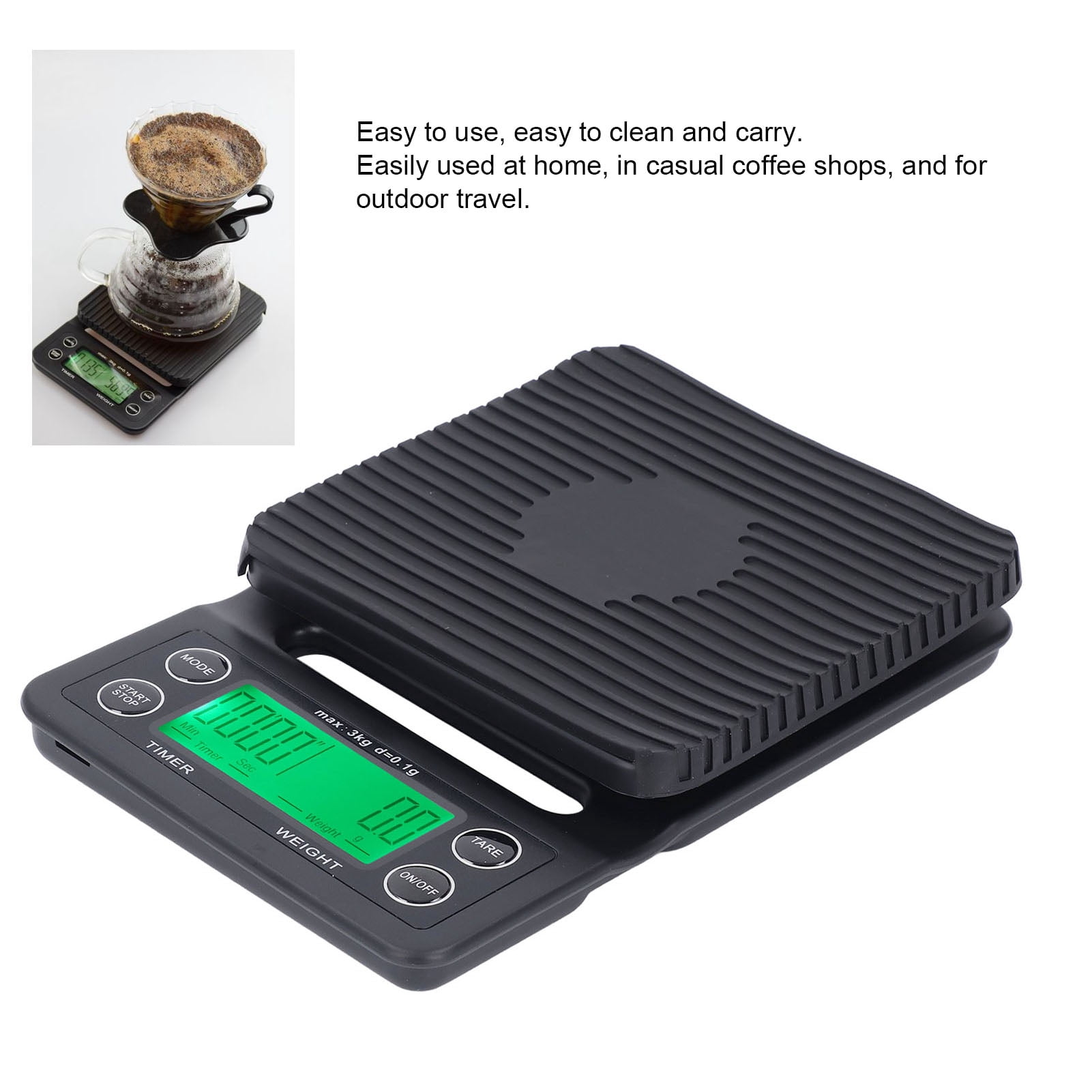 Rupoun Digital Coffee Scale and Built-In Timer, 3kg Range with High 0.1g Accuracy, Multi Functional Kitchen Food Weight Scale Perfect for Home Pour Over Brewing, Coffee Shop, or Travel Use