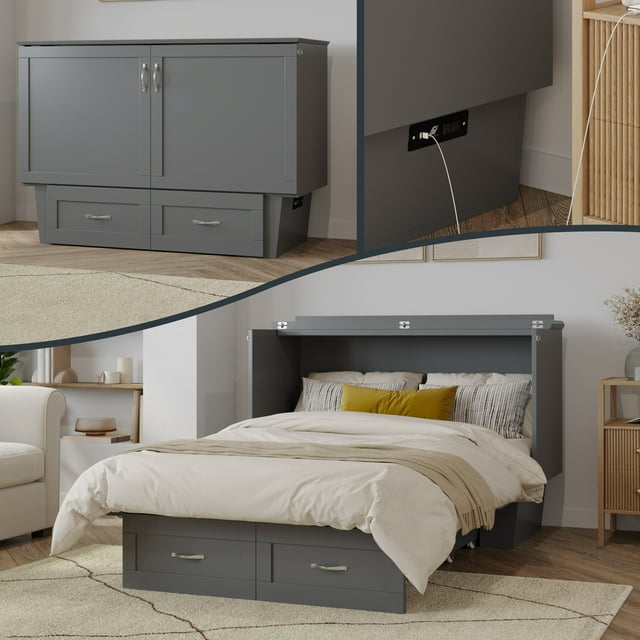 Monroe Solid Wood Frame Full Size Murphy Bed Chest with Mattress in Gray