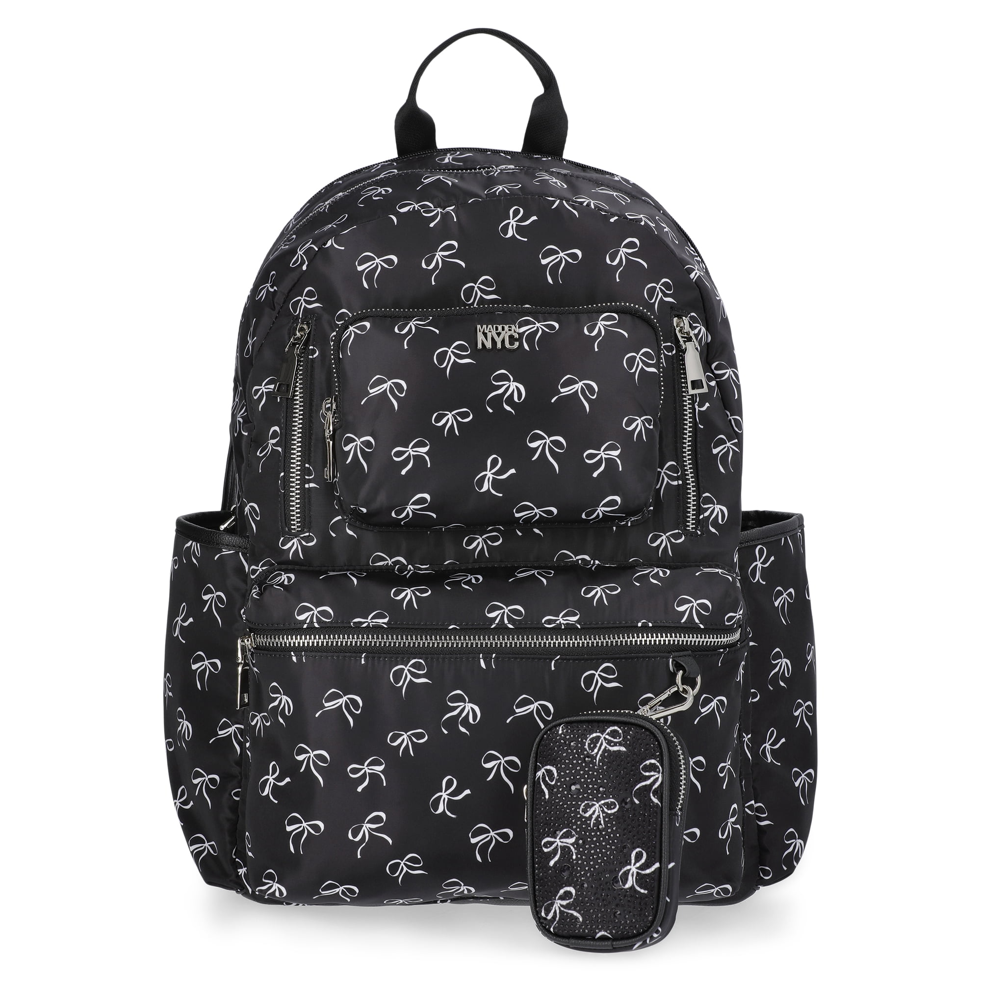 Madden NYC Women's 18.5" Dome Backpack with Front Pocket and Removable Pouch, Black Bow