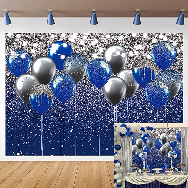 JM Fondos azules y plateados de 150x210 cm, utilizados para el baile de bodas de Orlando, fondo de fotografía de fiesta de cumpleaños brillante, globo azul gris plateado, estudio de decoración de fiesta de cumpleaños para niños JM
