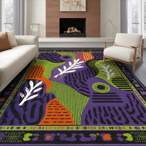 ODIKA 8'x10' Washable Area Rug Purple Green Vibrant Abstract Leafy Dynamic Geometric Design with Bold Accents for Living Room, Under Sectional, Family , Durable, Non-Slip