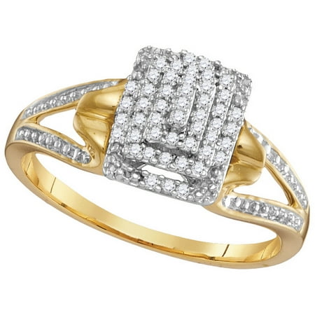 - Size - 7 - Solid 10k Yellow Gold Round White Diamond Engagement Ring OR Fashion Band Channel Set Emerald-Shape Shaped Halo Ring (.18 cttw)