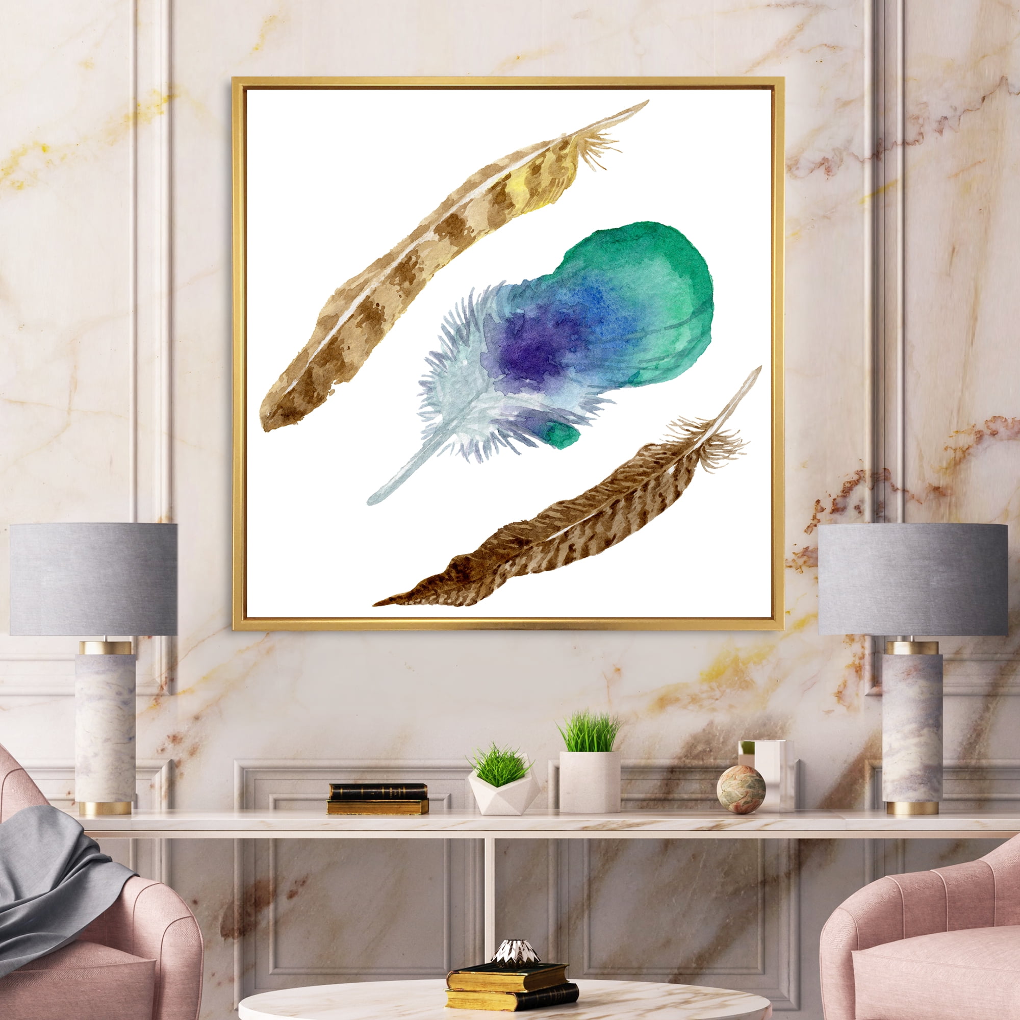Designart 'Abstract Bird Feather From Wing Isolated' Bohemian & Eclectic Framed Canvas Wall Art Print