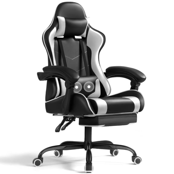 Homall PU Leather Gaming Chair Massage Ergonomic Gamer Chair Height Adjustable Computer Chair with Footrest & Lumbar Support, White