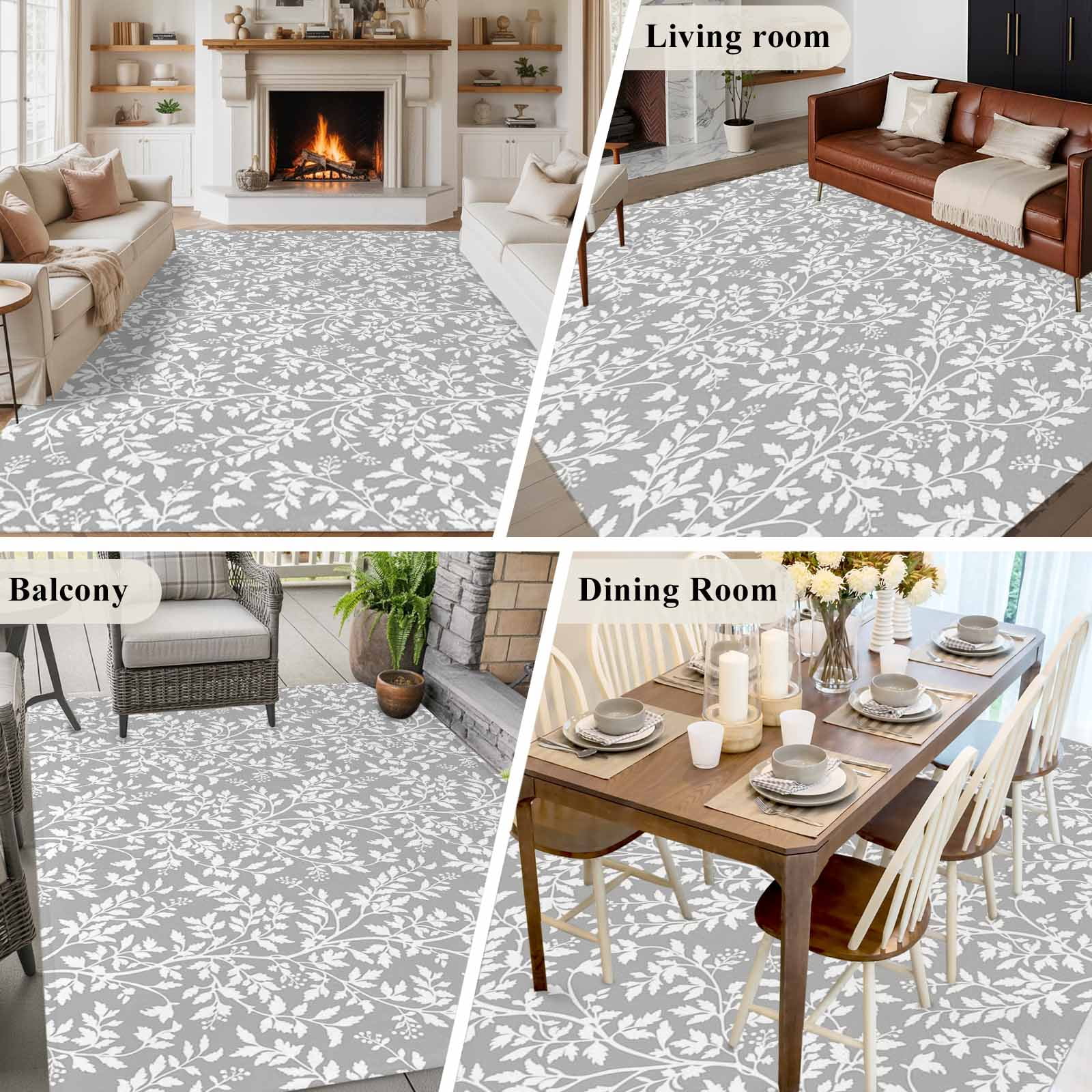 Large Area Rugs for Living Room Bedroom, Grey Spring Floral 8'x10' Rug Washable Carpet Runner Indoor Outdoor, Farmhouse Flowers Elegant Pastoral Non Slip Floor Mats Rug for Kitchen, Patio