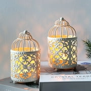 JHY DESIGN 2 Set of Small Metal Hollow Candle Stick Holder (White Birdcage)