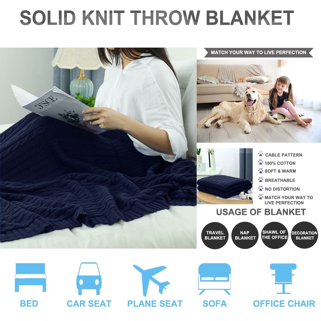Unique Bargains 100% Cotton Cable Knit Throw Bed Blanket Navy Blue 51" x 59"