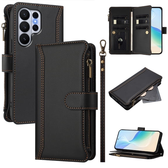 for Samsung Galaxy S26 Ultra Flip Wallet Case, PU Leather Protective Rugged Cover with Credit Card Slots Zipper Pocket, Shock-Absorbent Kickstand Magnetic Closure Lanyard & Shoulder Strap, Black