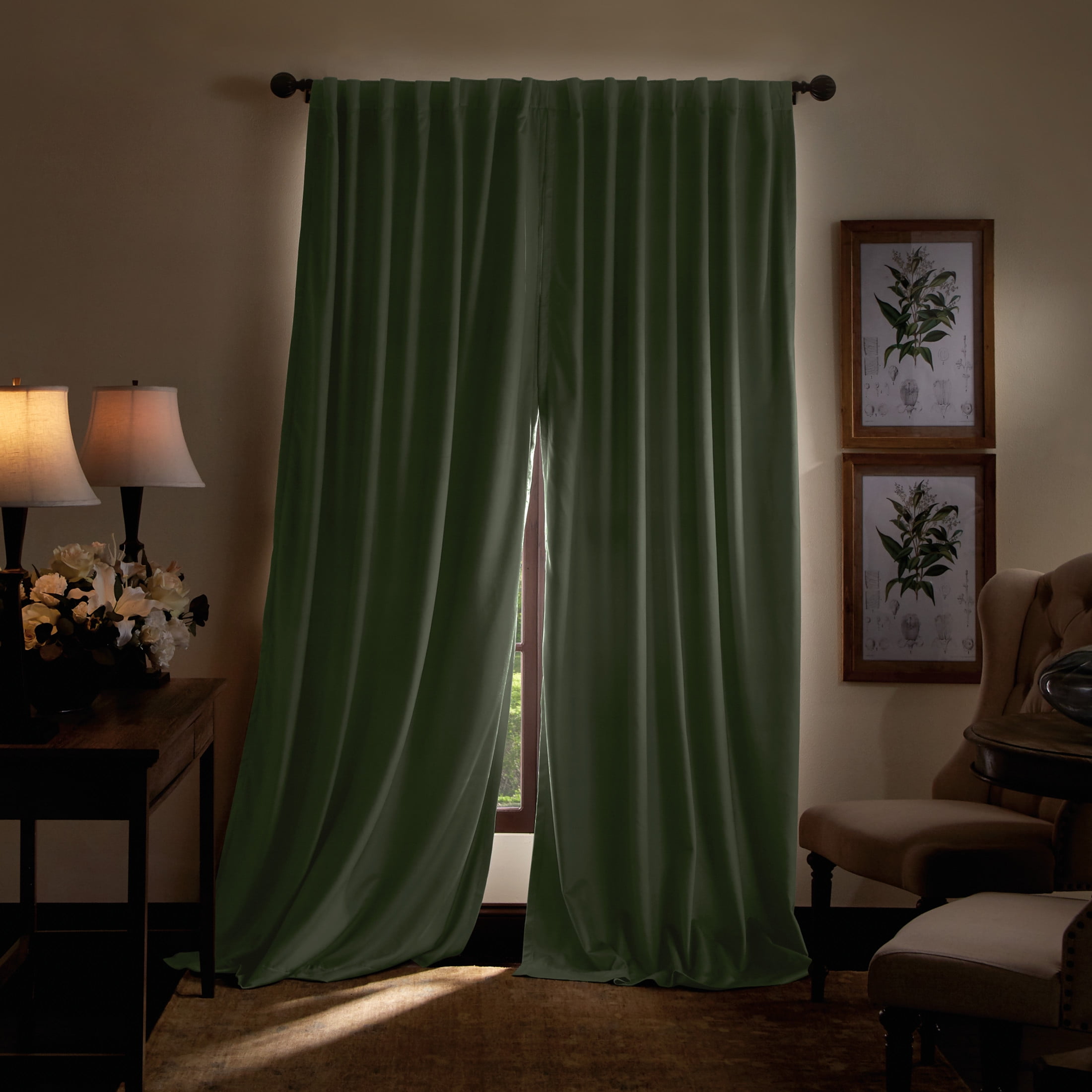 Martha Stewart, Lucca Velvet Curtain Panel Pair, Green, Back Tab, Blackout, Indoor, Adult, 2 Piece Set, 50"x 84"